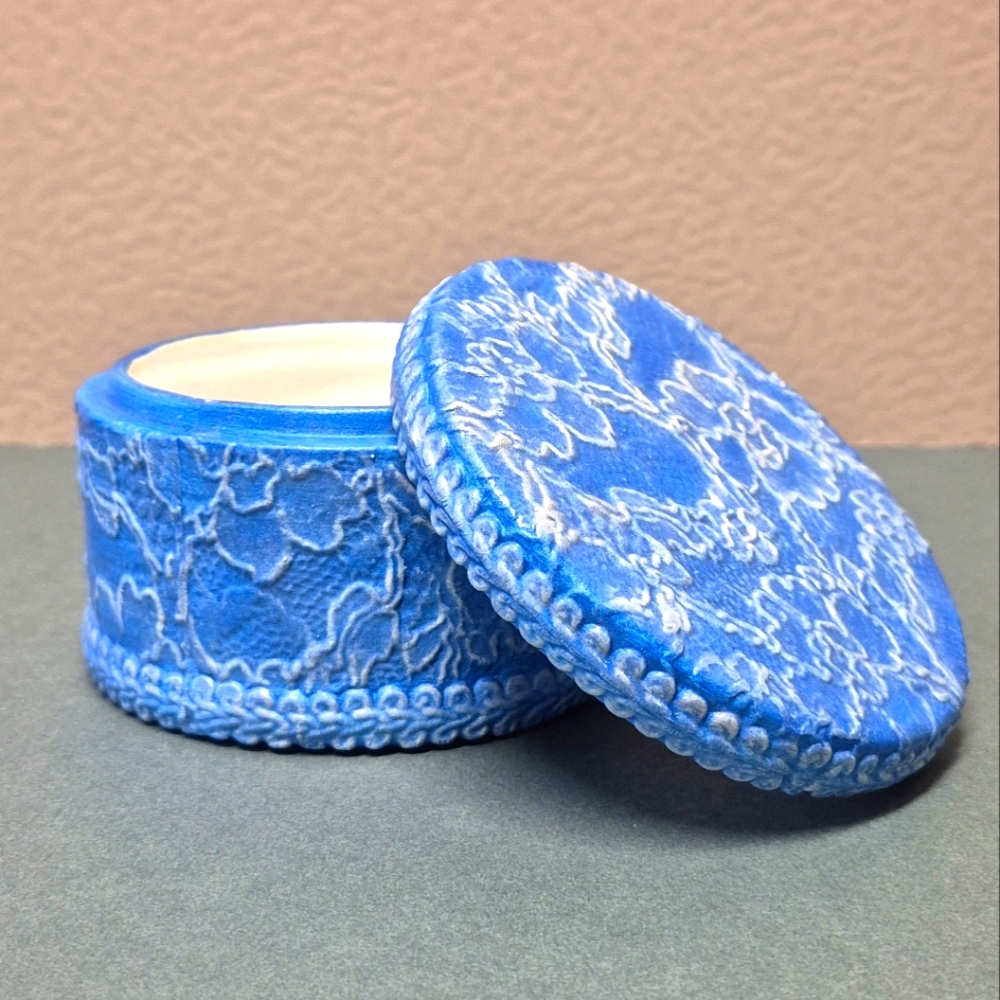 Vintage Blue Reticulated Lace Design Decorative Ceramic Dish/Box - Signed